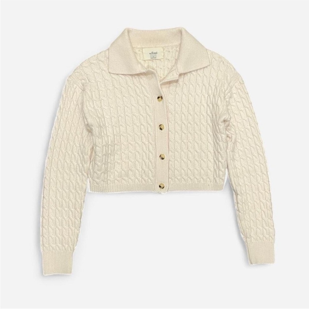 Aritzia Cream Cropped Merino Wool Cable Knit Collared Cardigan